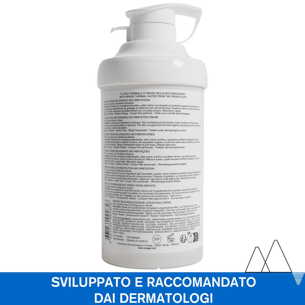 Retro del flacone bianco con dosatore. Testo multilingue. Uriage Xémose Crème. Testato dermatologicamente.