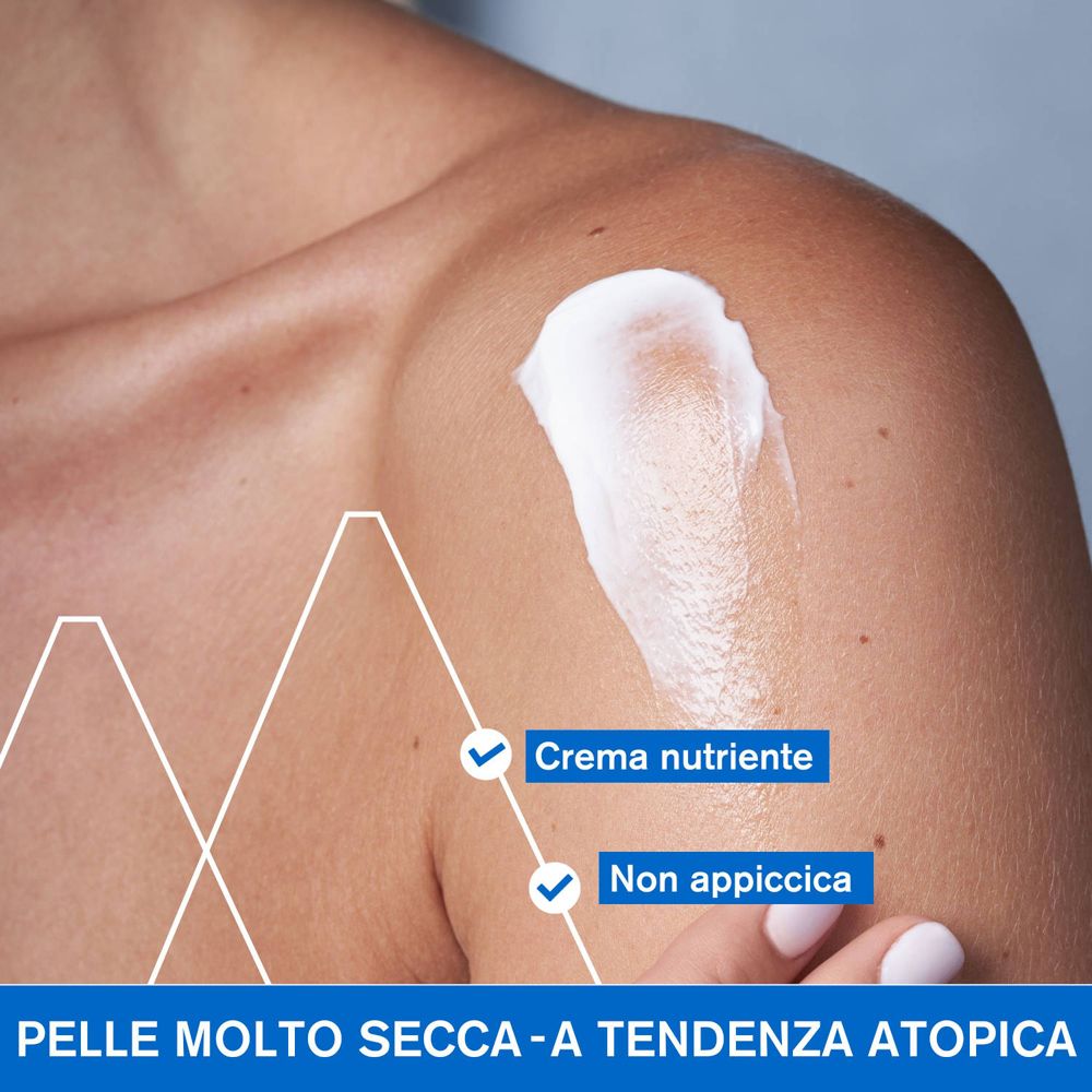 Pelle con crema. Testo: Crema nutriente, Non appiccica. Grafica. Per pelli molto secche.