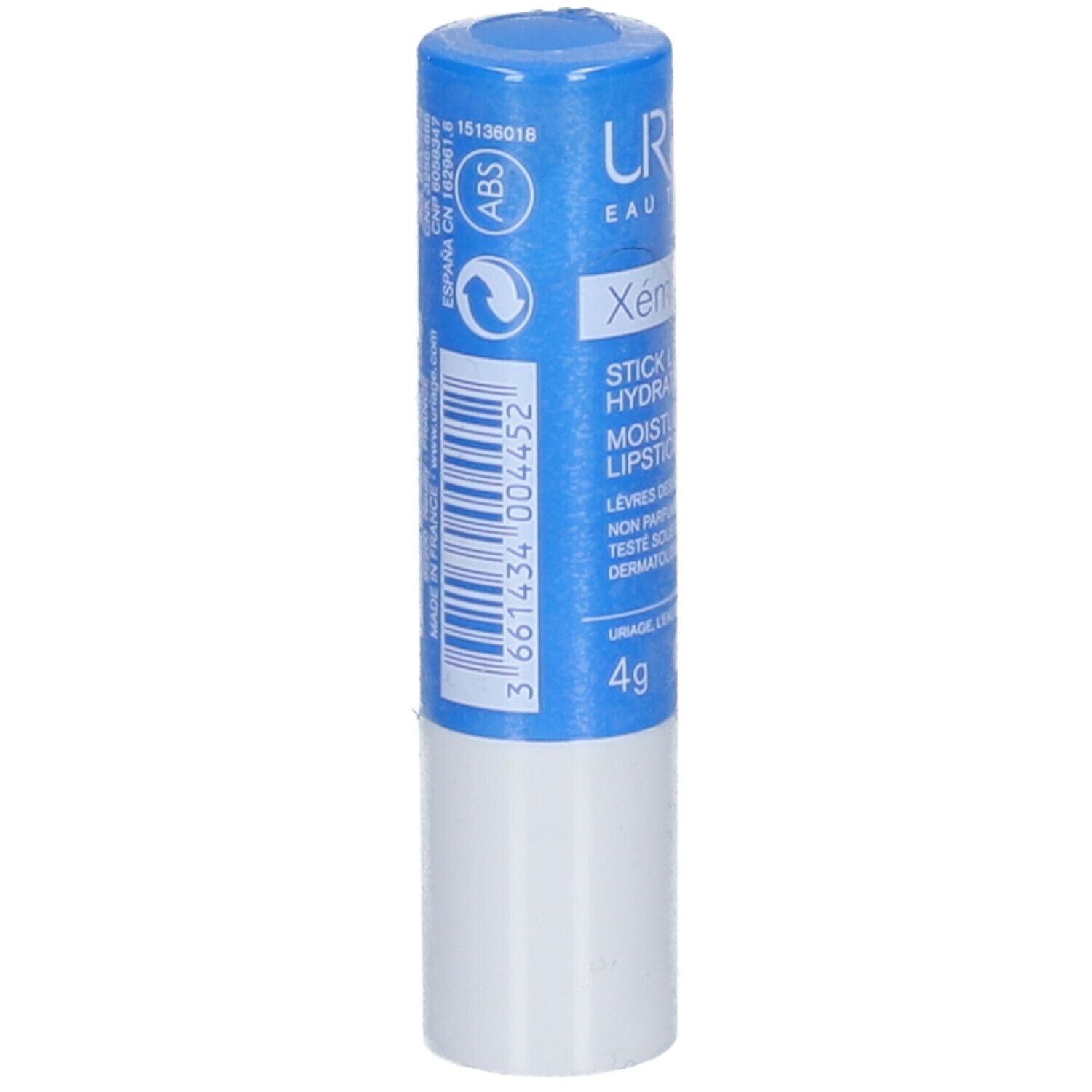 Retro dello stick labbra Uriage Xémose. Stick blu con testo e codice a barre. Testo: Ingredienti, 4g, 0.14 net wt. oz.
