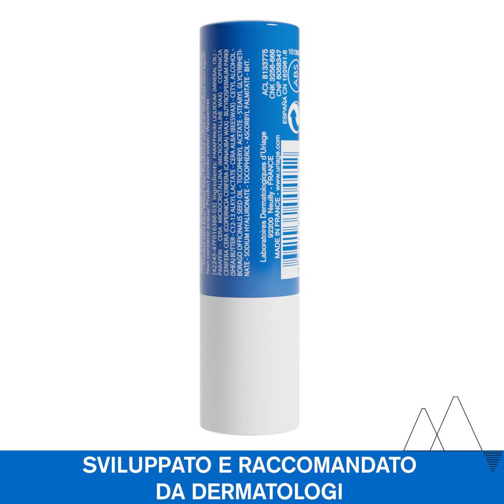 Retro dello stick labbra Uriage Xémose. Stick blu con testo e codice a barre. Testo: Ingredienti, 4g, 0.14 net wt. oz.