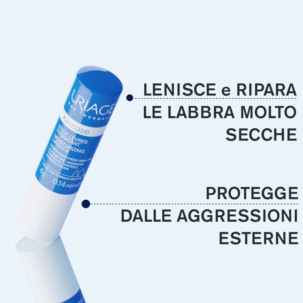 Uriage Xémose stick labbra. Testo: Lenisce e ripara le labbra molto secche, Protegge dalle aggressioni esterne.