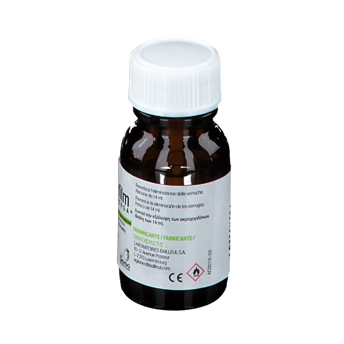 Flacone di vetro marrone con tappo bianco. Etichetta con informazioni sul prodotto, indirizzo del produttore e marchio CE.