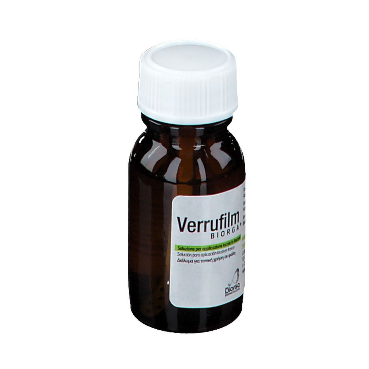 Flacone di vetro marrone con tappo bianco. Scritta: Verrufilm BIORGA. Etichetta con informazioni sul prodotto.