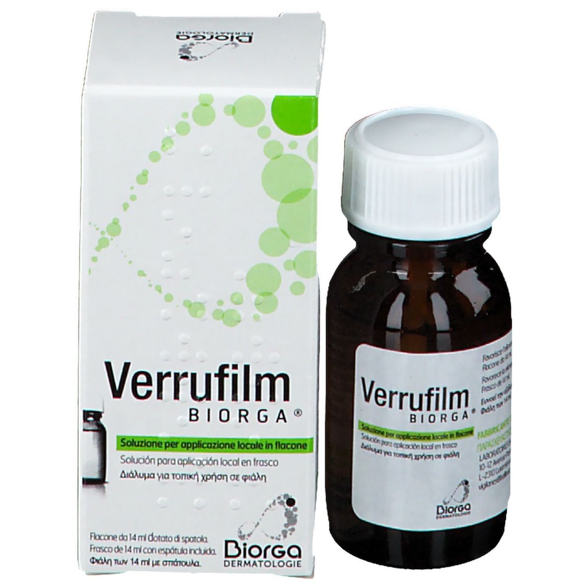 Confezione del prodotto con flacone e scatola. Scritta: Verrufilm BIORGA. Flacone con tappo bianco.