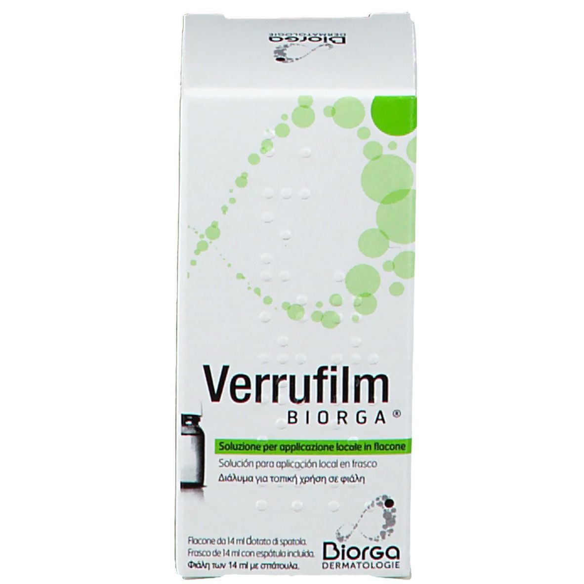 Confezione del prodotto con scatola. Scritta: Verrufilm BIORGA. Immagine di un flacone.