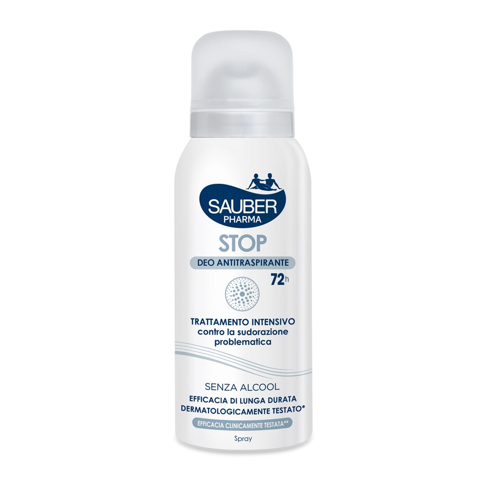 Spray bianco con tappo trasparente. Scritta: Sauber Pharma, Stop Deo Antitraspirante, 72H. Testo: Trattamento contro la sudorazione.