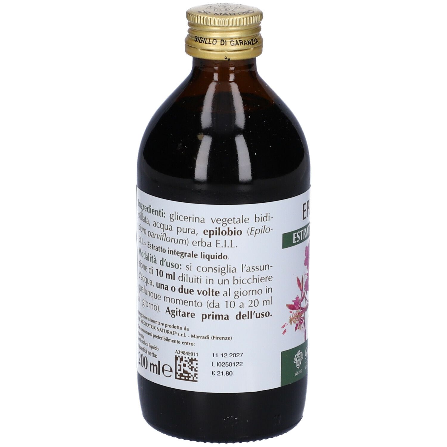 Braune Glasflasche mit goldfarbenem Verschluss. Etikett mit Produktinformationen. Aufschrift: Epilobio, Estratto Integrale.