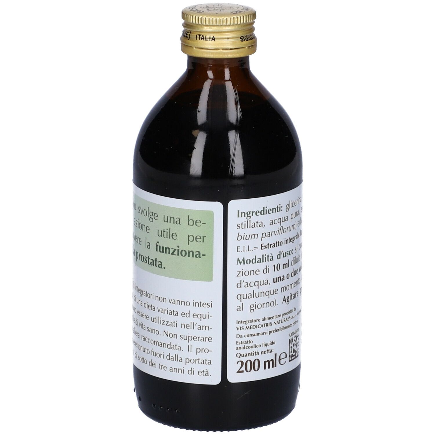 Braune Glasflasche mit goldfarbenem Verschluss. Etikett mit Produktinformationen. Aufschrift: Epilobio, Estratto Integrale.