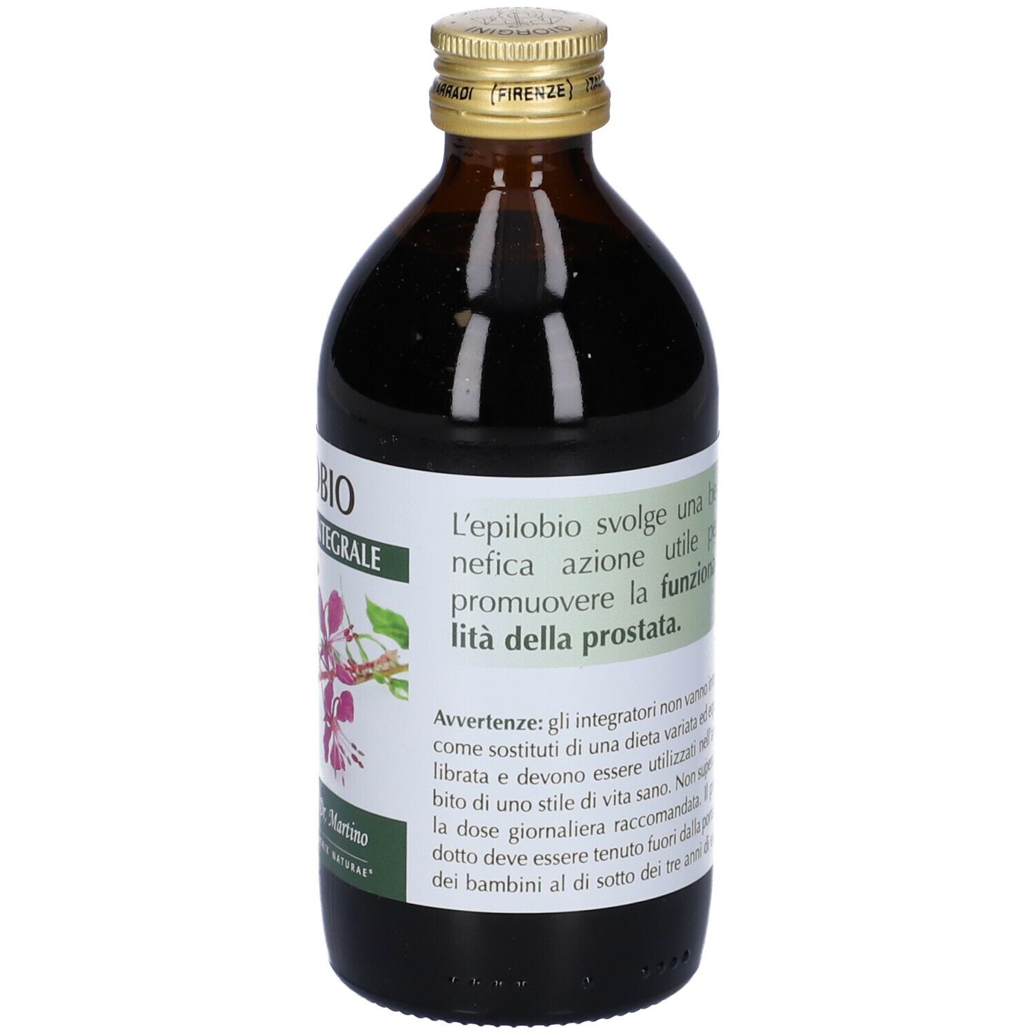 Braune Glasflasche mit goldfarbenem Verschluss. Etikett mit Produktinformationen. Aufschrift: Epilobio, Estratto Integrale.