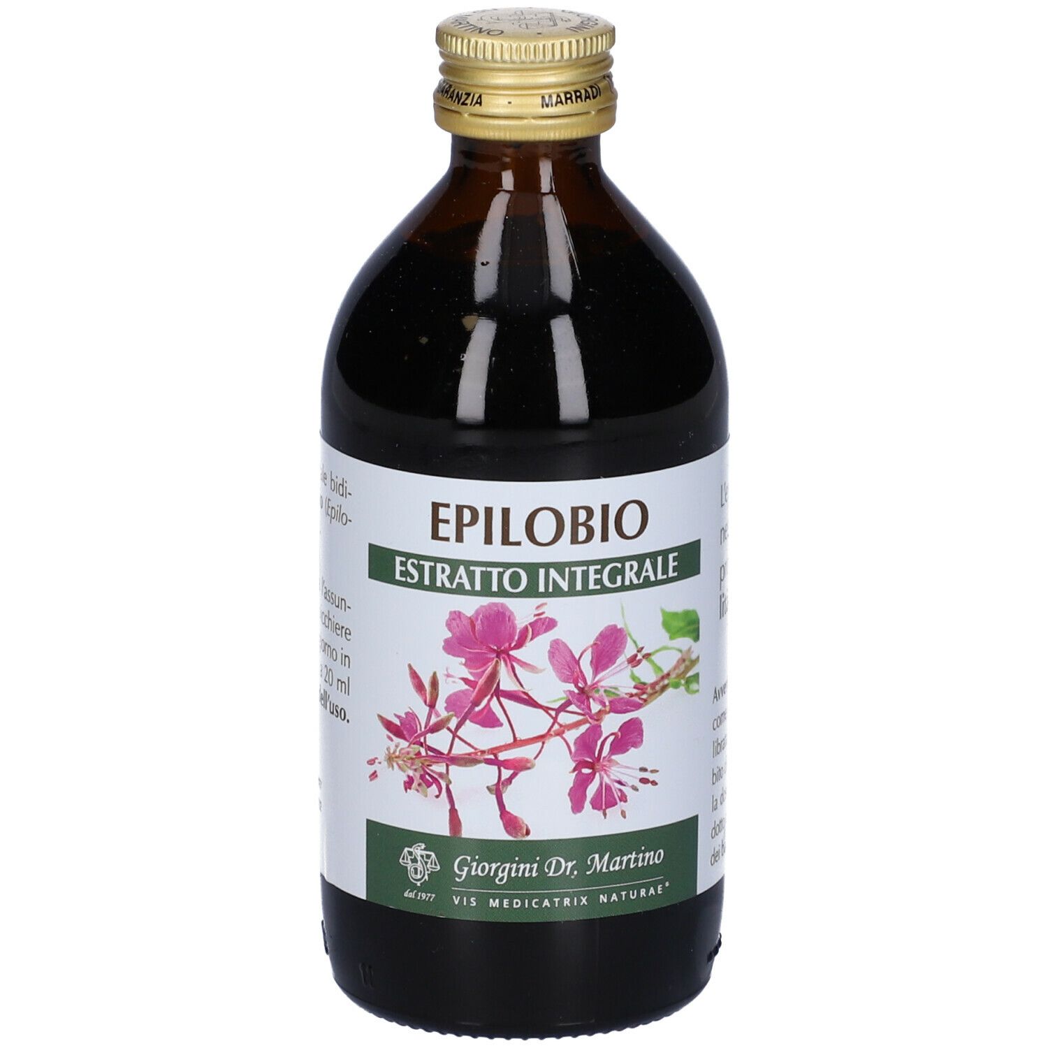 Braune Glasflasche mit goldfarbenem Verschluss. Etikett mit Produktinformationen. Aufschrift: Epilobio, Estratto Integrale.