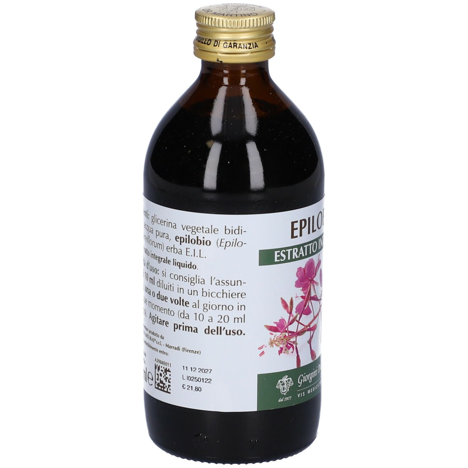 Braune Glasflasche mit goldfarbenem Verschluss. Etikett mit Produktinformationen. Aufschrift: Epilobio, Estratto Integrale.