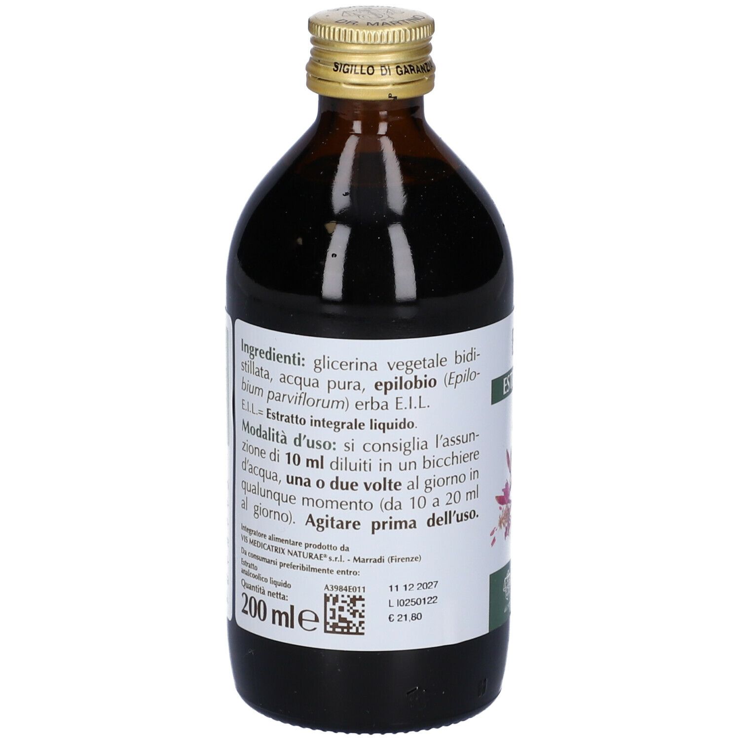 Braune Glasflasche mit goldfarbenem Verschluss. Etikett mit Produktinformationen. Aufschrift: Epilobio, Estratto Integrale.