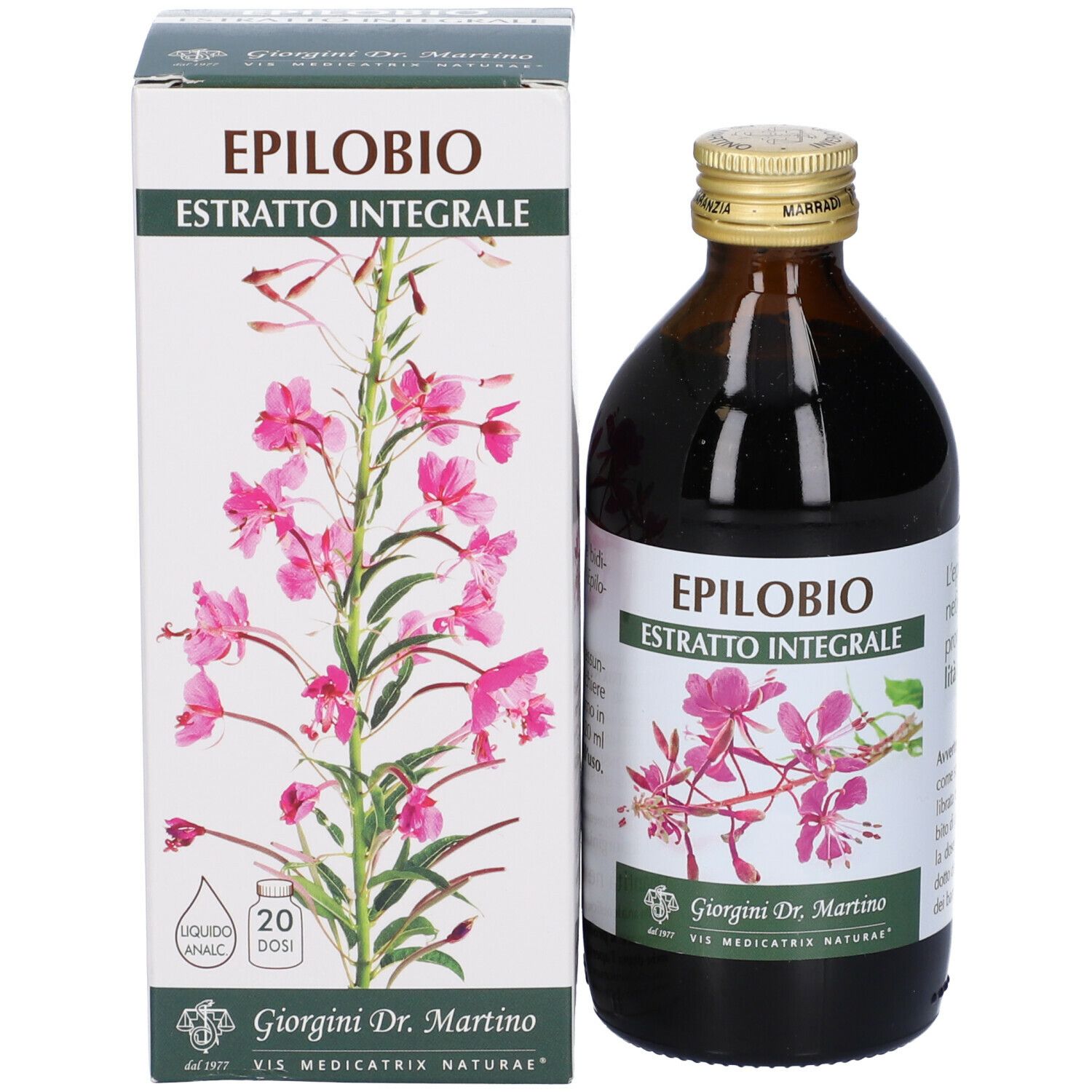 Produktverpackung und Flasche. Aufschrift: Epilobio, Estratto Integrale. 20 Dosen.