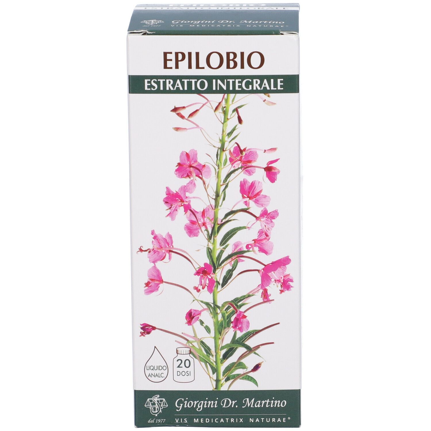 Weißer Karton mit floralem Design und Produktinformationen. Aufschrift: Epilobio, Estratto Integrale. 20 Dosen.