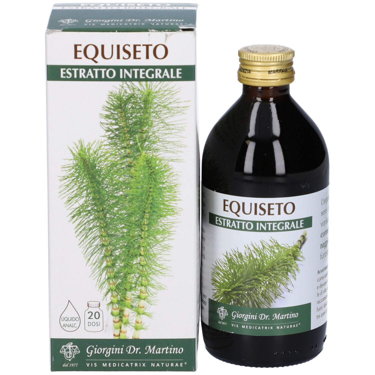 Braune Glasflasche und Karton. Aufschrift: Equiseto Estratto Integrale. Marke: Giorgini Dr. Martino. Mit Inhaltsangaben.