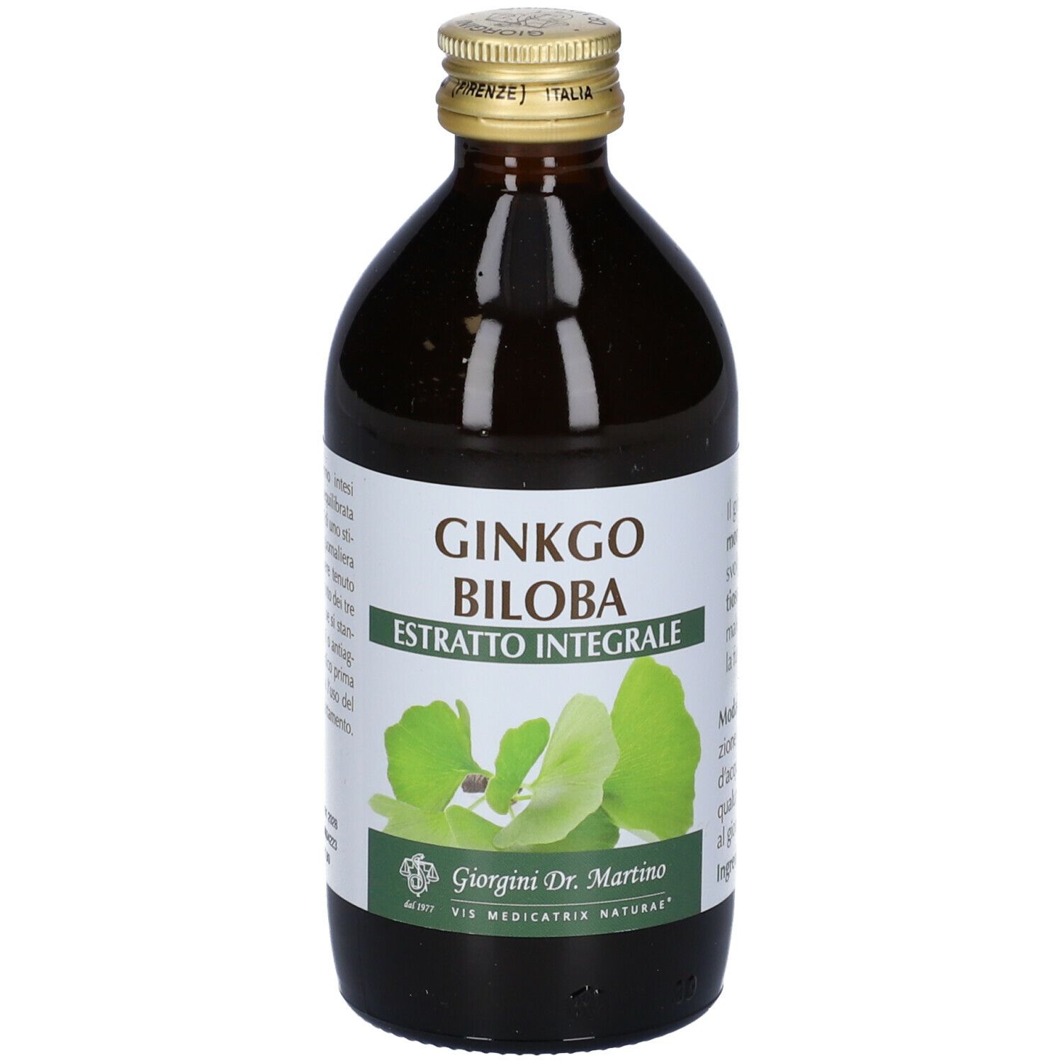 Bottiglia di vetro marrone con etichetta Ginkgo Biloba. Scritta: Ginkgo Biloba Estratto Integrale. Tappo dorato.