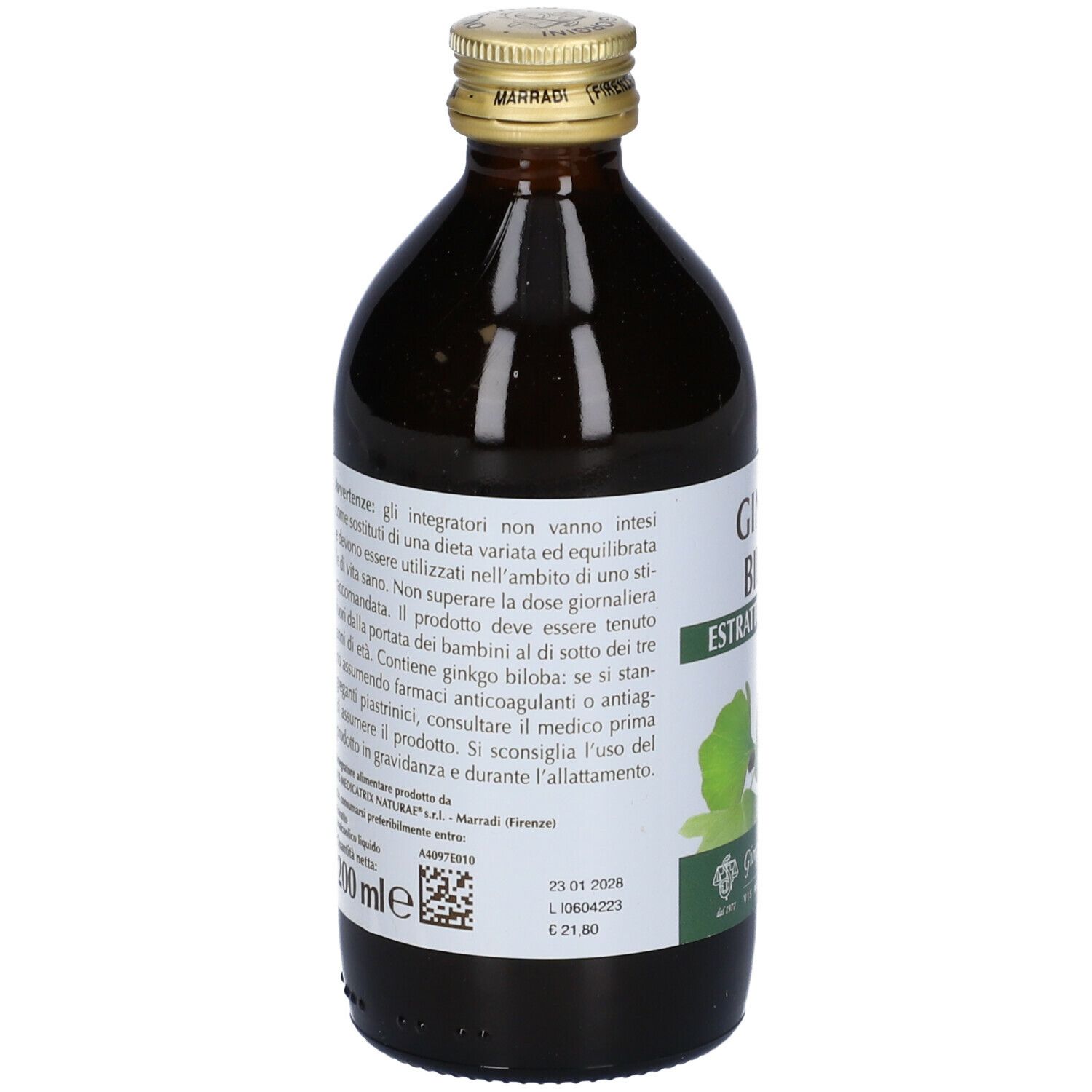 Bottiglia di vetro marrone con etichetta. Scritta: Ginkgo Biloba Estratto Integrale. Retro con testo e 200 ml.