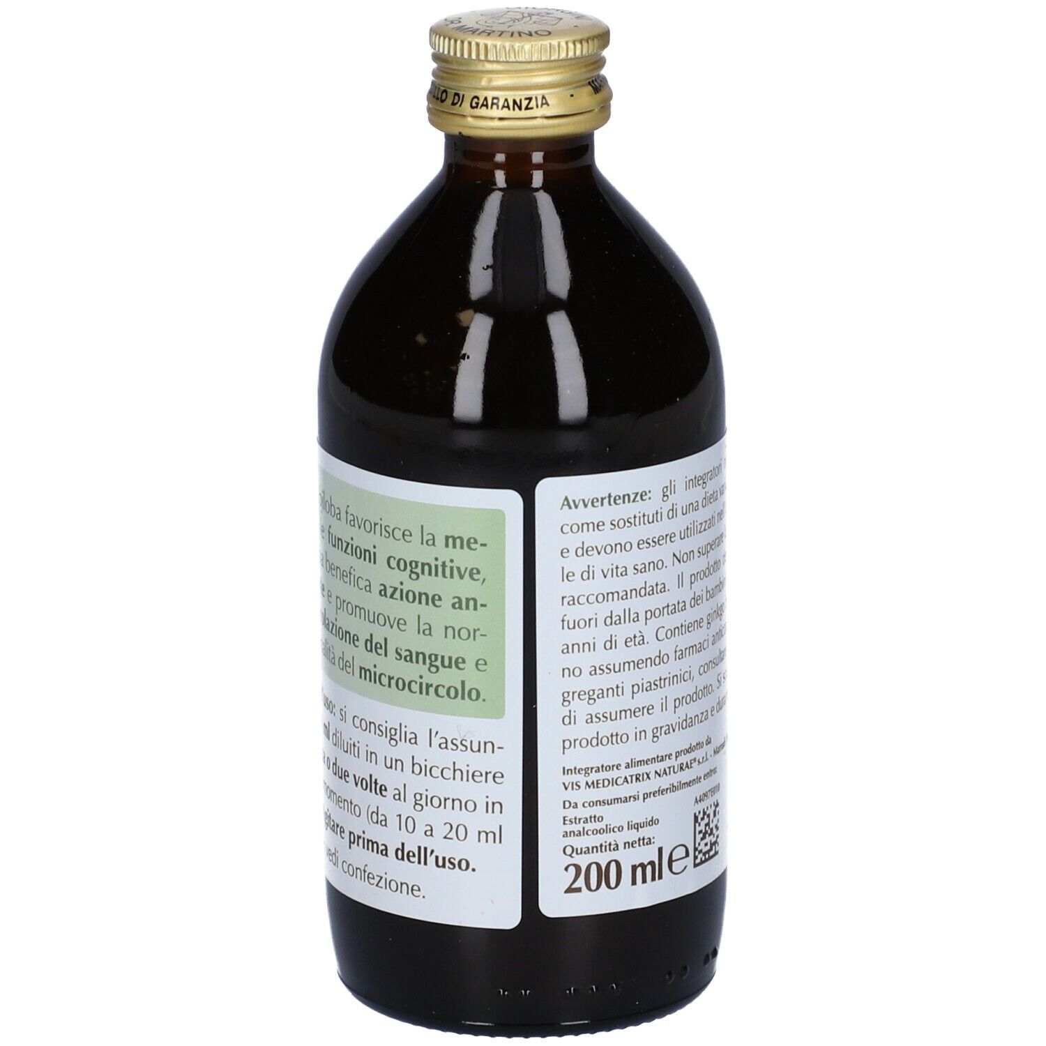 Bottiglia di vetro marrone con etichetta. Scritta: Ginkgo Biloba Estratto Integrale. Retro con testo e 200 ml.