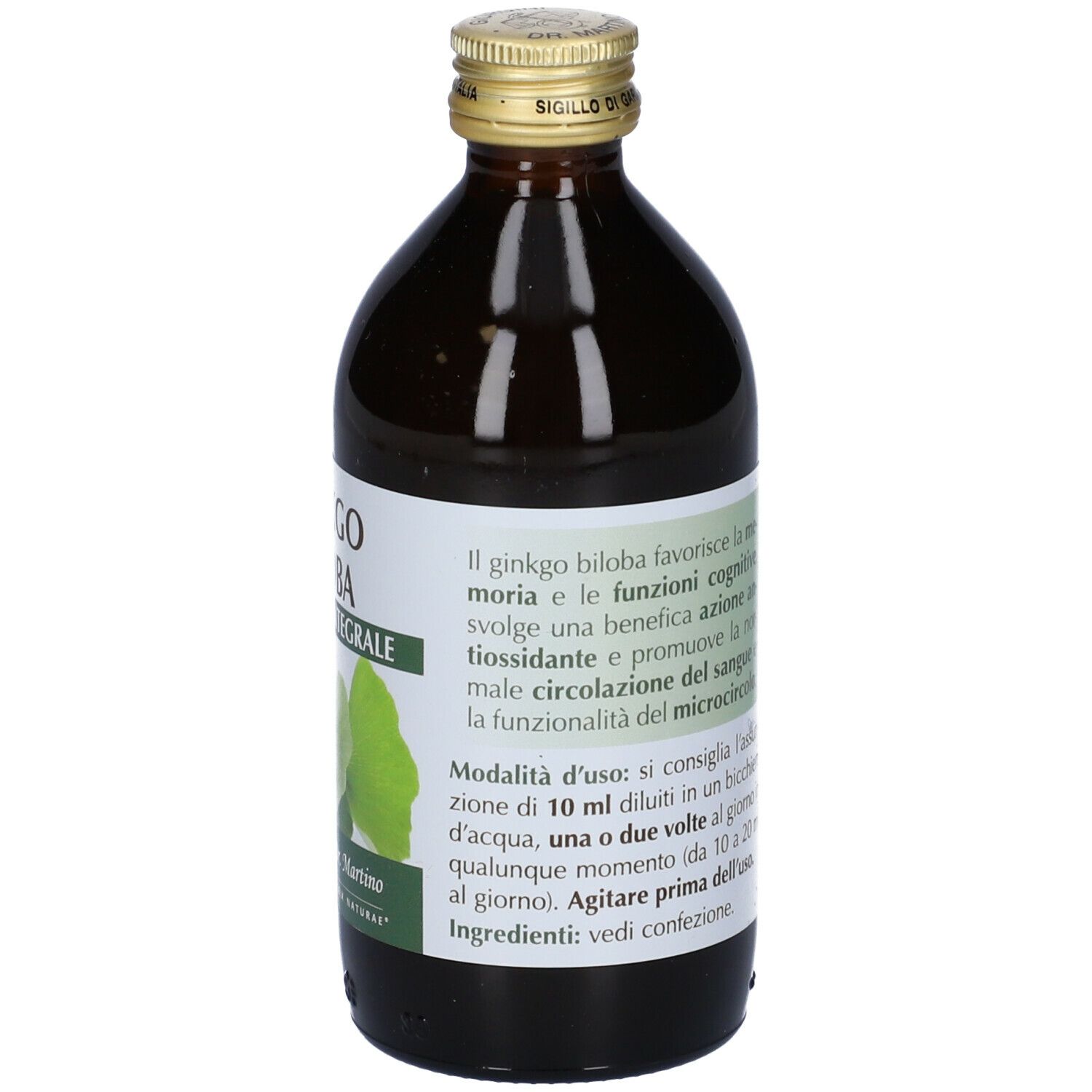 Bottiglia di vetro marrone con etichetta. Scritta: Ginkgo Biloba Estratto Integrale. Retro con testo e 200 ml.
