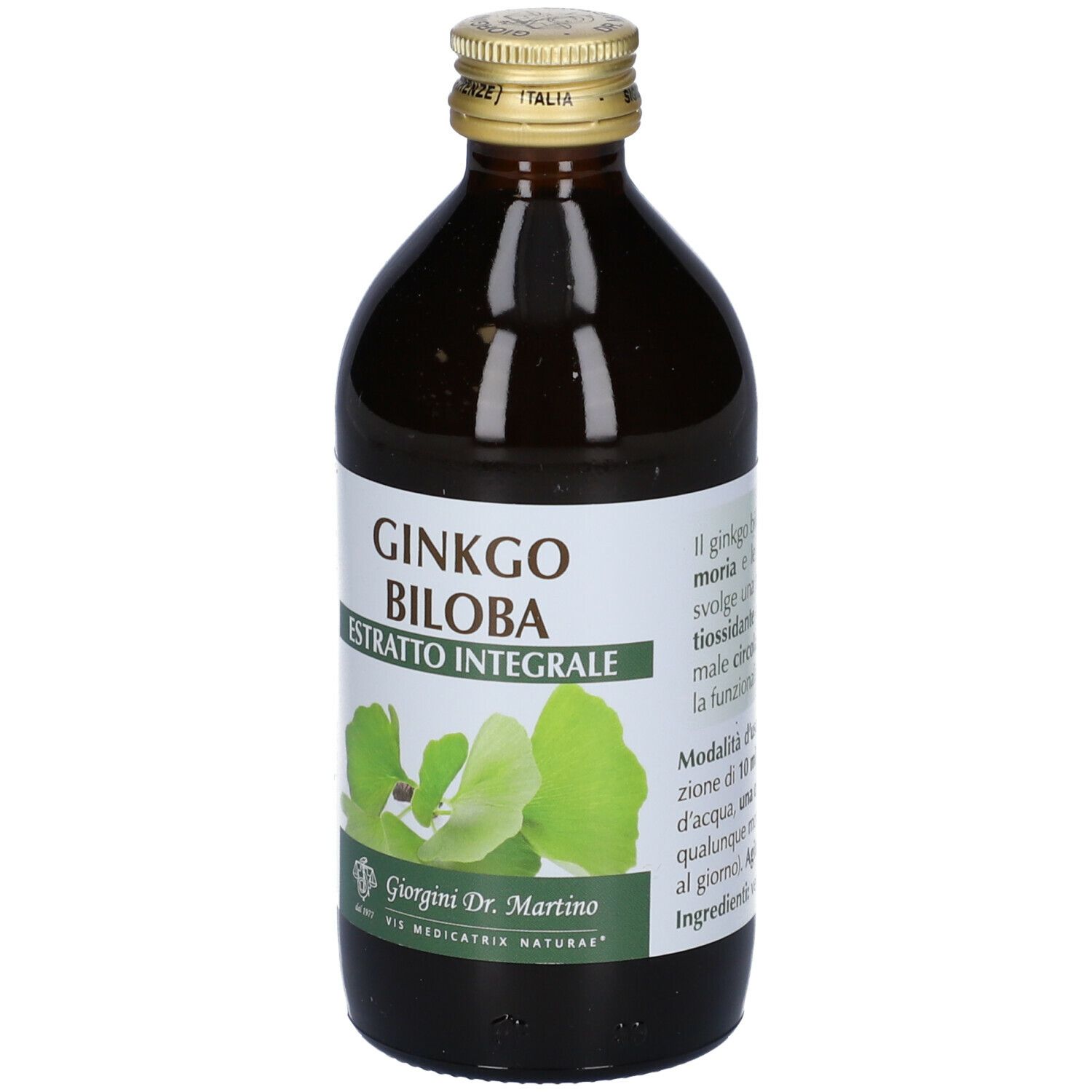Bottiglia di vetro marrone con etichetta. Scritta: Ginkgo Biloba Estratto Integrale. Retro con testo e 200 ml.