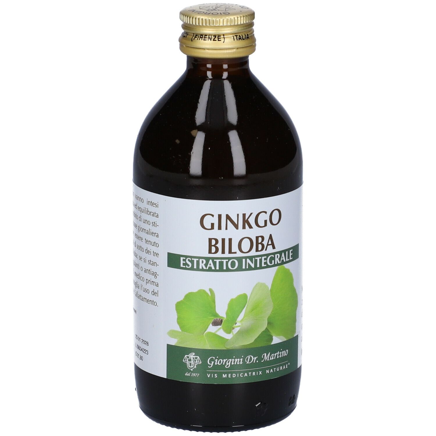Bottiglia di vetro marrone con etichetta. Scritta: Ginkgo Biloba Estratto Integrale. Retro con testo e 200 ml.