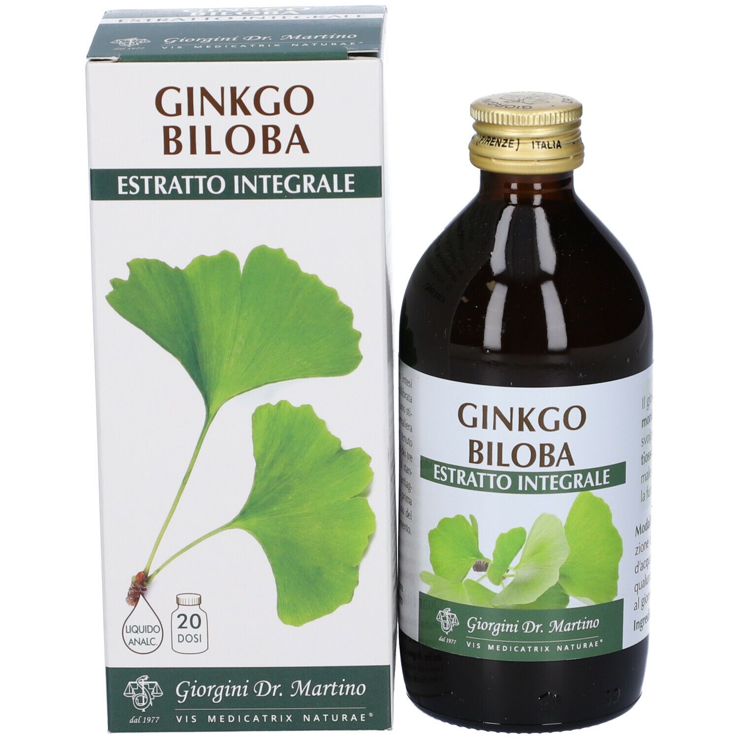 Bottiglia e scatola di Ginkgo Biloba. Scritta: Ginkgo Biloba Estratto Integrale. 20 dosi.
