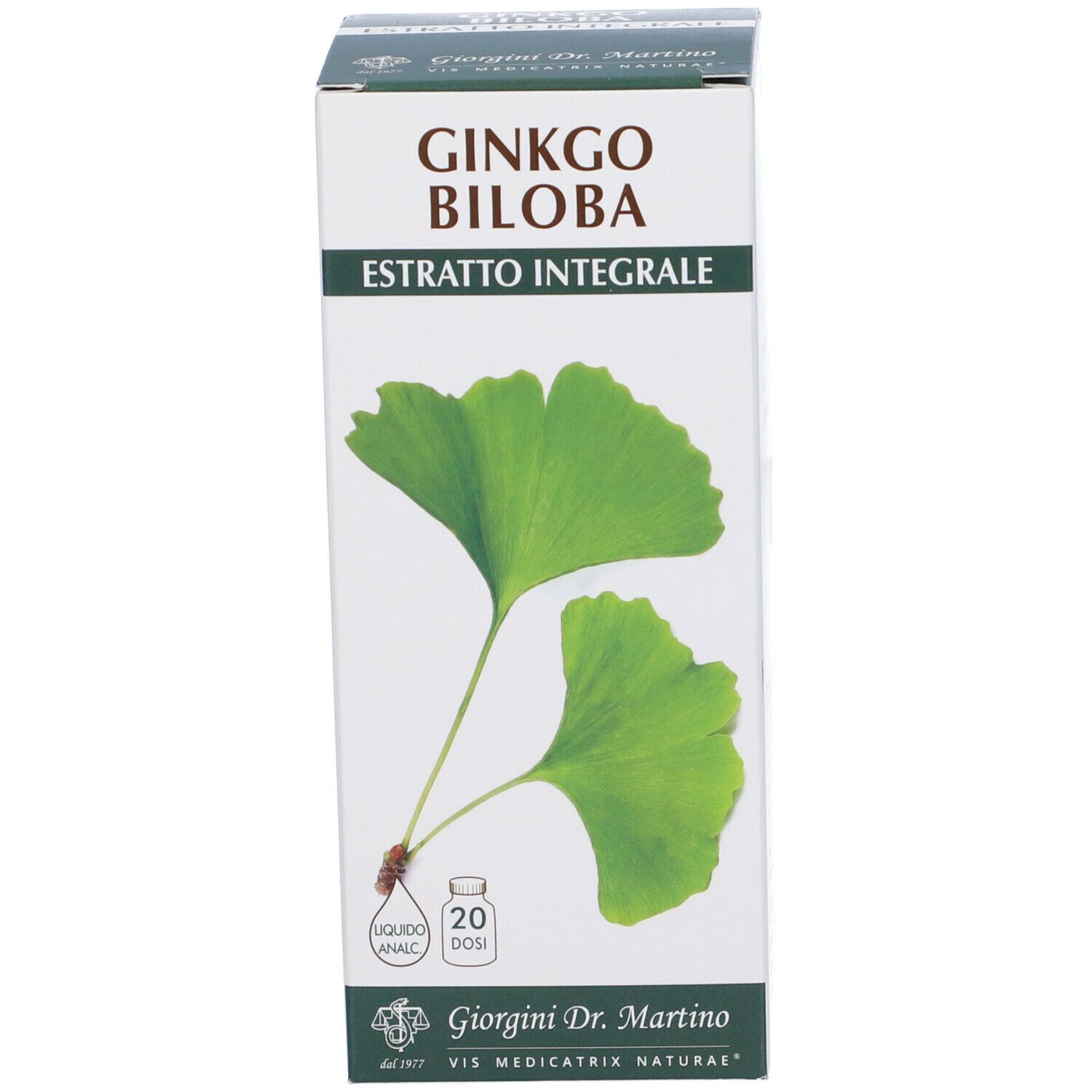 Scatola di Ginkgo Biloba. Scritta: Ginkgo Biloba Estratto Integrale. 20 dosi.