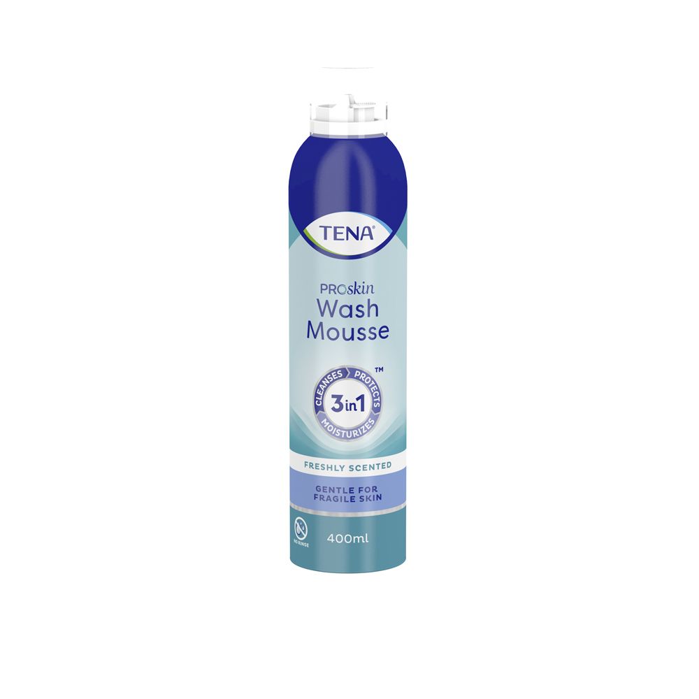 Flacone blu e bianco TENA ProSkin Wash Mousse. Formula 3-in-1, profumo fresco, per pelli fragili. 400ml.