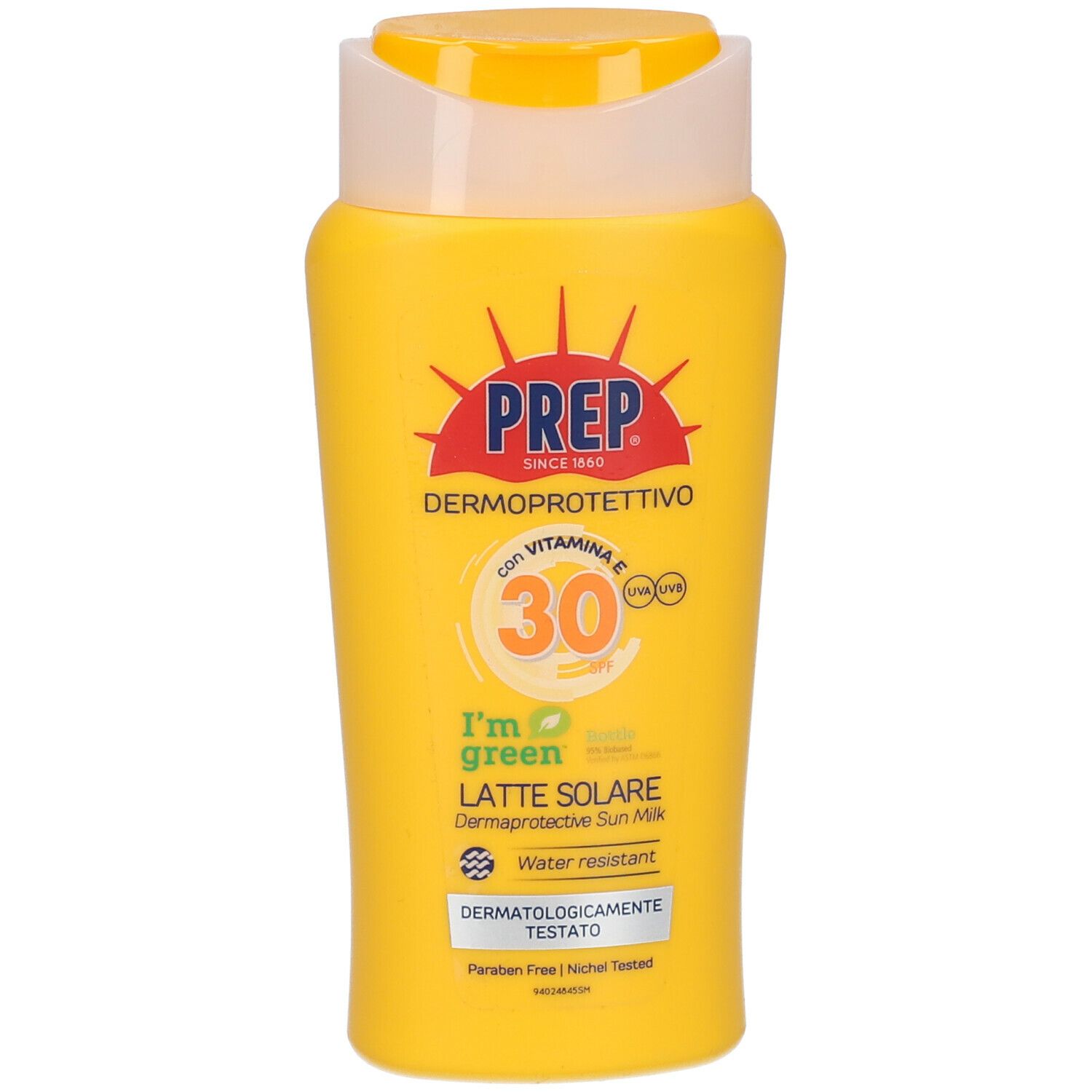 Flacone giallo con tappo giallo. Scritta: PREP, Dermoprotettivo, SPF 30, Latte Solare. Contiene vitamina E. Dermatologicamente testato.
