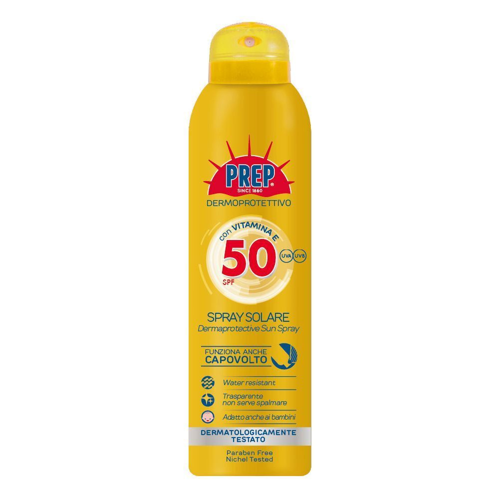 Flacone spray giallo con logo PREP rosso e SPF 50. Testo: Spray Solare, Dermatologicamente Testato.