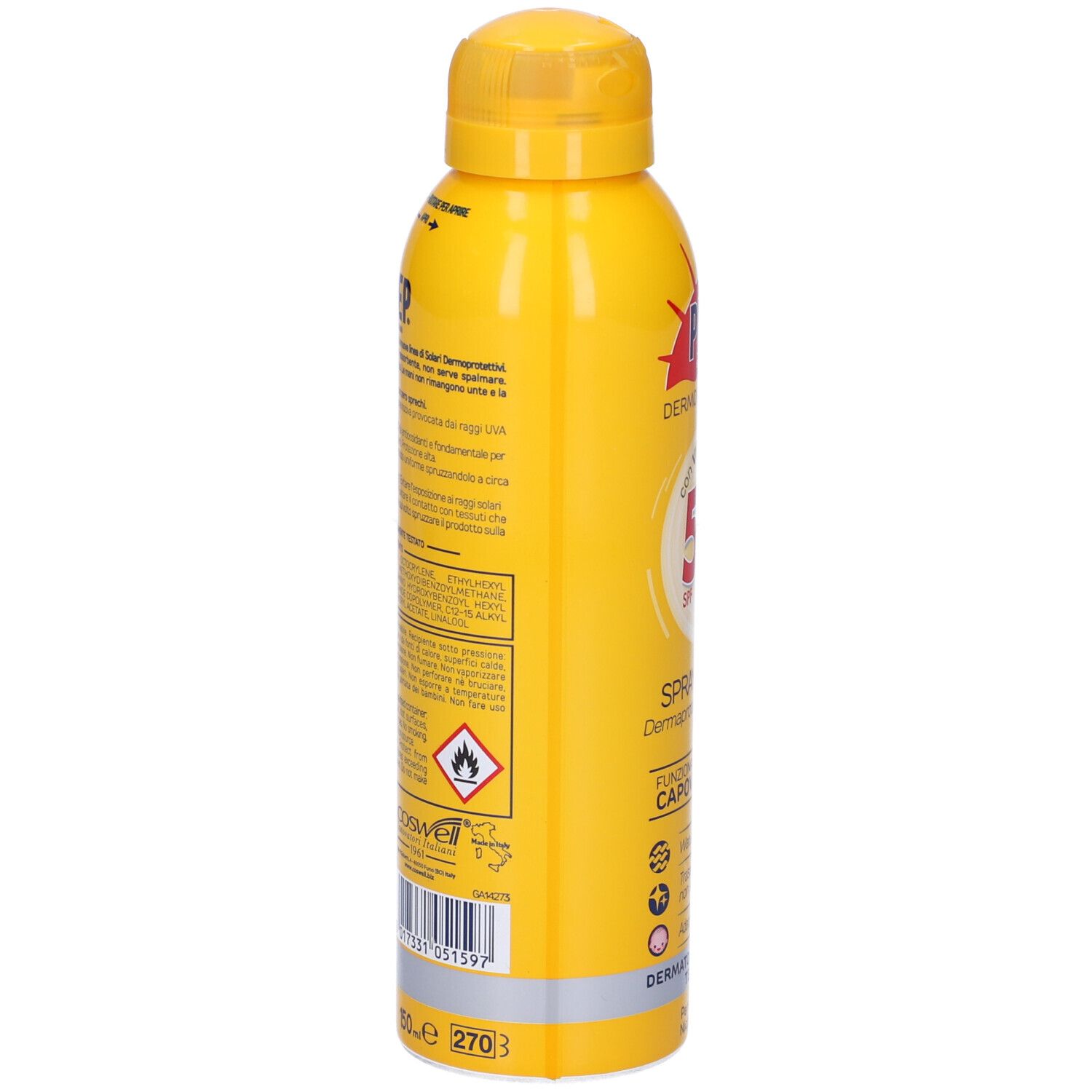 Flacone spray giallo, retro con testo e avvertenze. Logo PREP, testo: Dermatologicamente Testato.