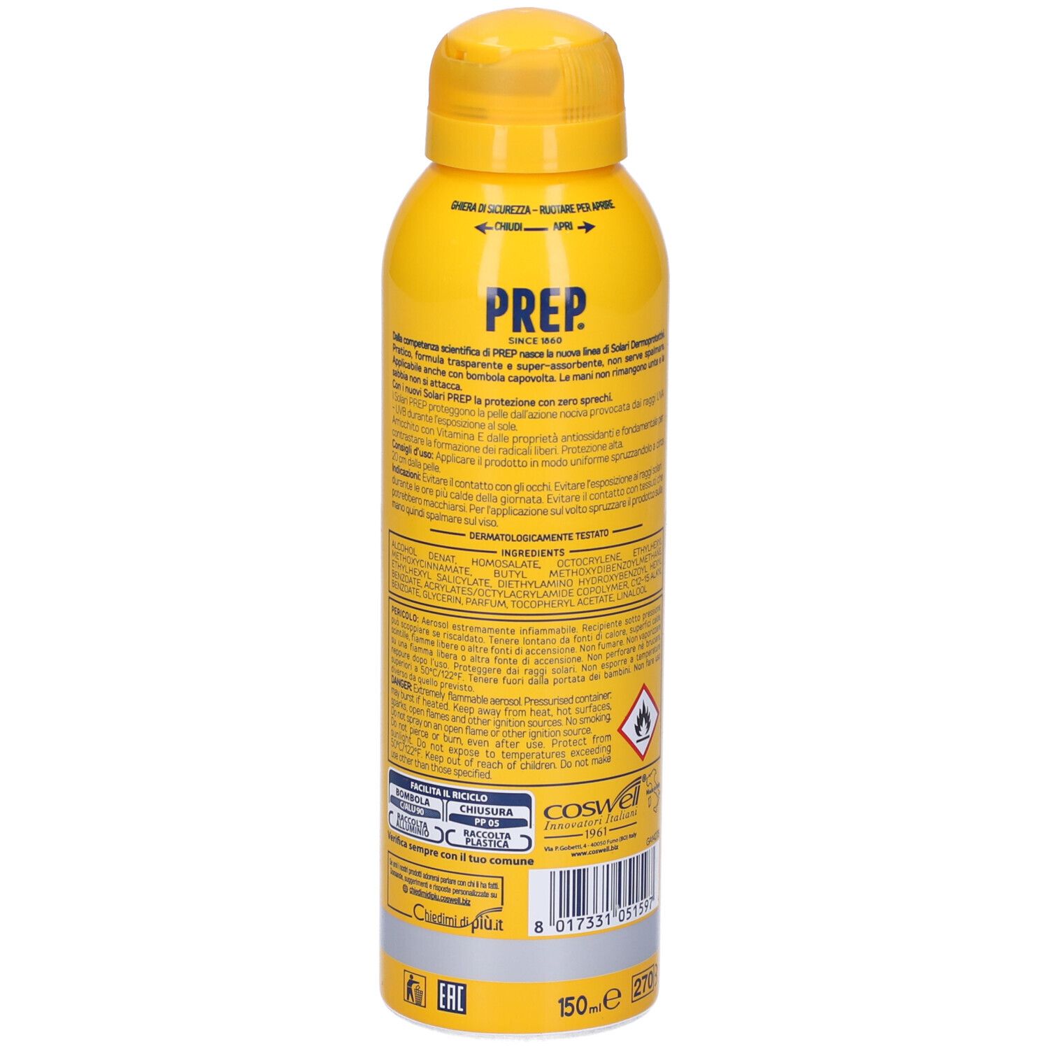 Flacone spray giallo, retro con testo e avvertenze. Logo PREP, testo: Dermatologicamente Testato.