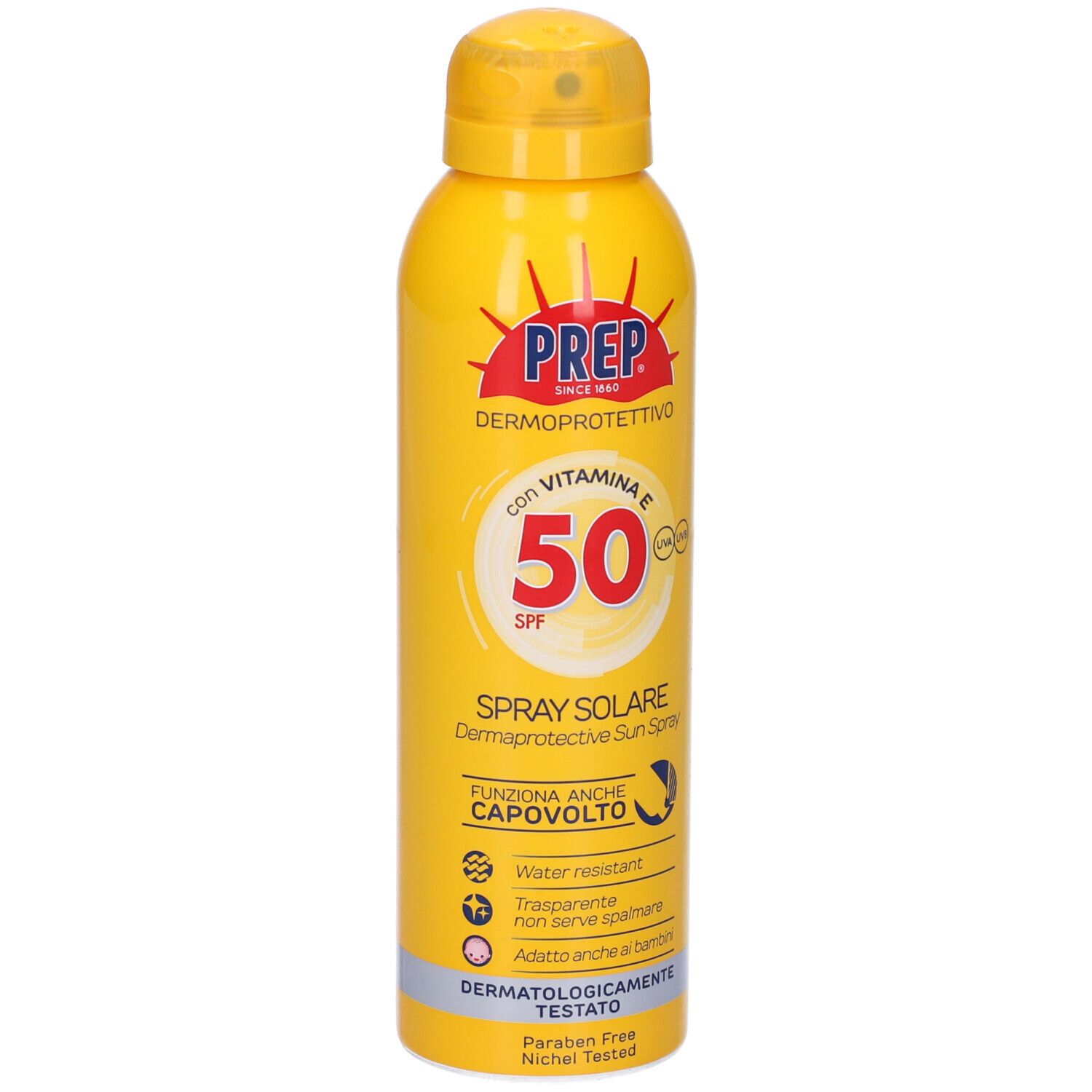 Flacone spray giallo con logo PREP rosso e SPF 50. Testo: Spray Solare, Dermatologicamente Testato.