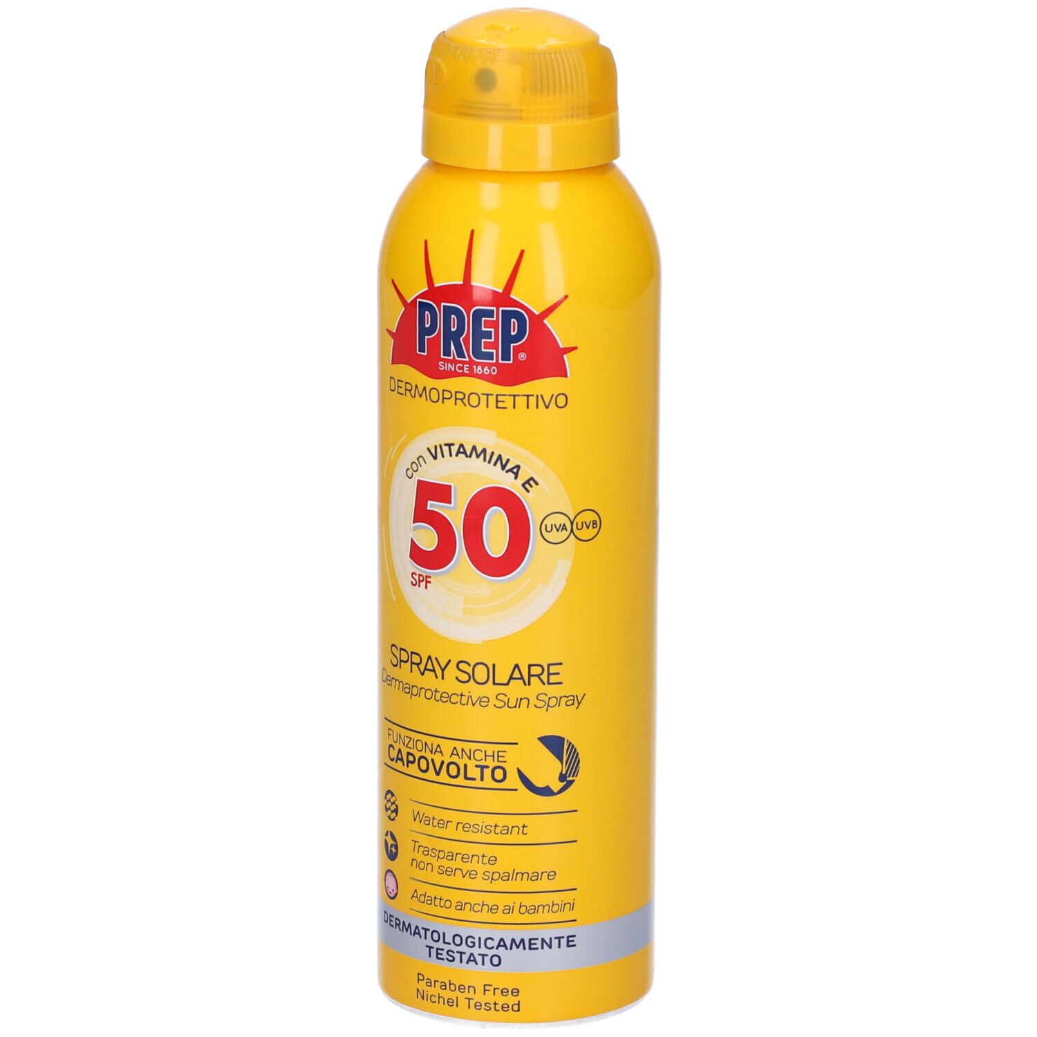 Flacone spray giallo con logo PREP rosso e SPF 50. Testo: Spray Solare, Dermatologicamente Testato.