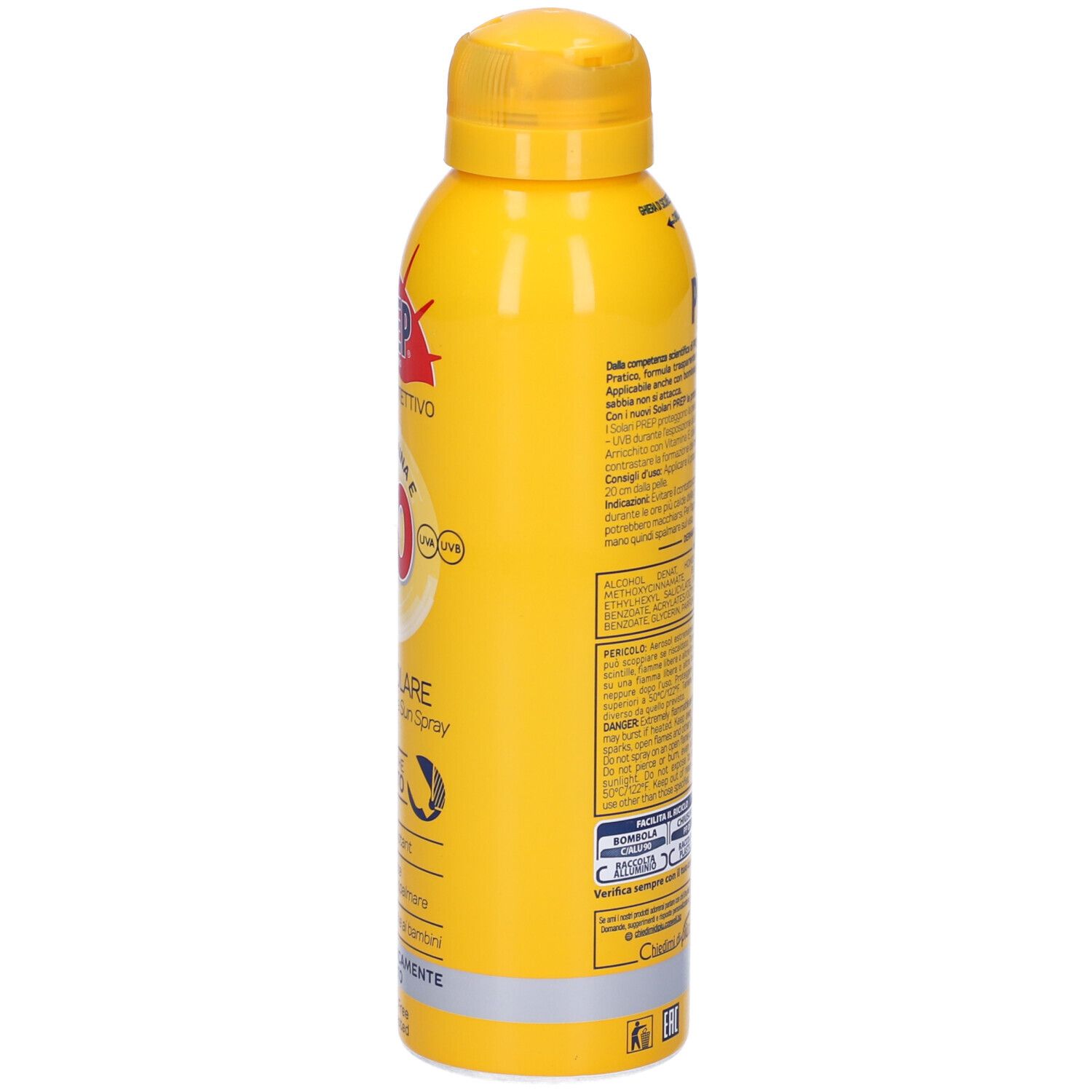 Flacone spray giallo, retro con testo e avvertenze. Logo PREP, testo: Dermatologicamente Testato.