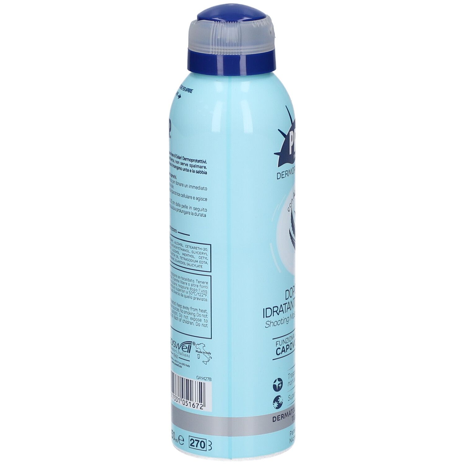 Bomboletta spray azzurra. Scritte e testo in italiano. Contiene informazioni sul prodotto e i suoi ingredienti.