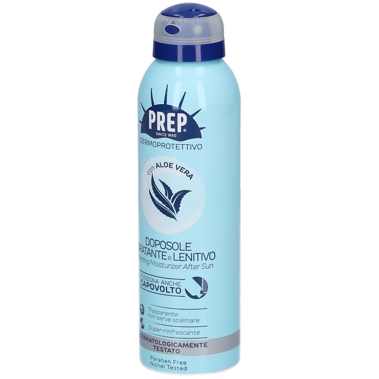 Bomboletta spray azzurra con tappo blu. Scritta: PREP, Dermoprotettivo, Doposole Idratante & Lenitivo. Con Aloe Vera.