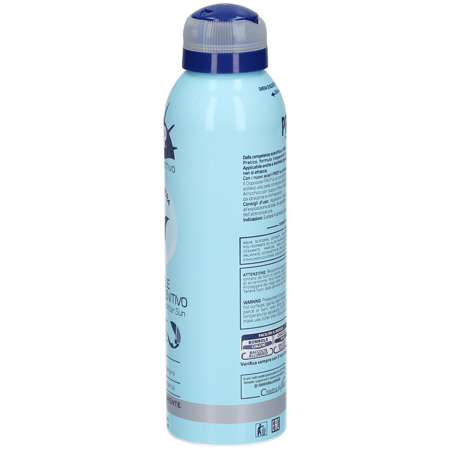 Bomboletta spray azzurra con tappo blu. Scritta: PREP, Dermoprotettivo, Doposole Idratante & Lenitivo. Testo in italiano.