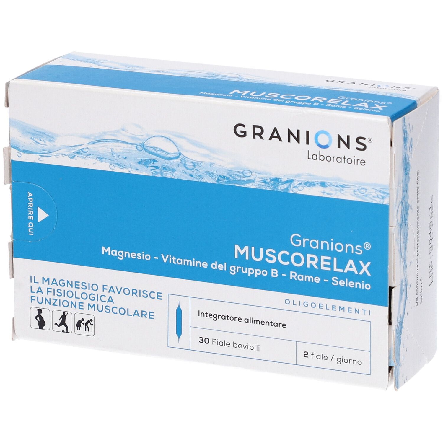 Scatola Muscorelax 30 Fiale Bevibili. Logo Granions Laboratoire. Confezione blu e bianca. Contiene 30 fiale bevibili. Magnesio, Vitamine B, Rame, Selenio.