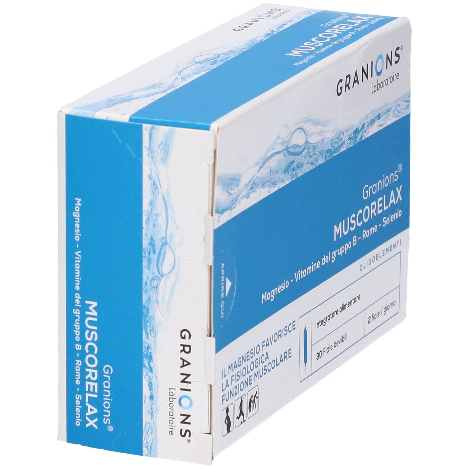 Scatola Muscorelax 30 Fiale Bevibili. Logo Granions Laboratoire. Confezione blu e bianca. Contiene 30 fiale bevibili. Magnesio, Vitamine B, Rame, Selenio.