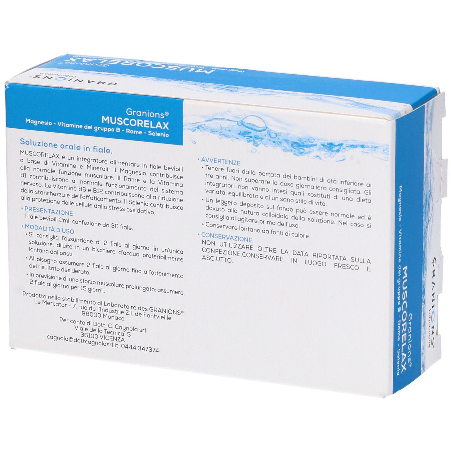 Retro della confezione Muscorelax 30 Fiale Bevibili. Informazioni testuali, ingredienti, istruzioni per l'uso. Logo Granions Laboratoire. Bianco e blu.