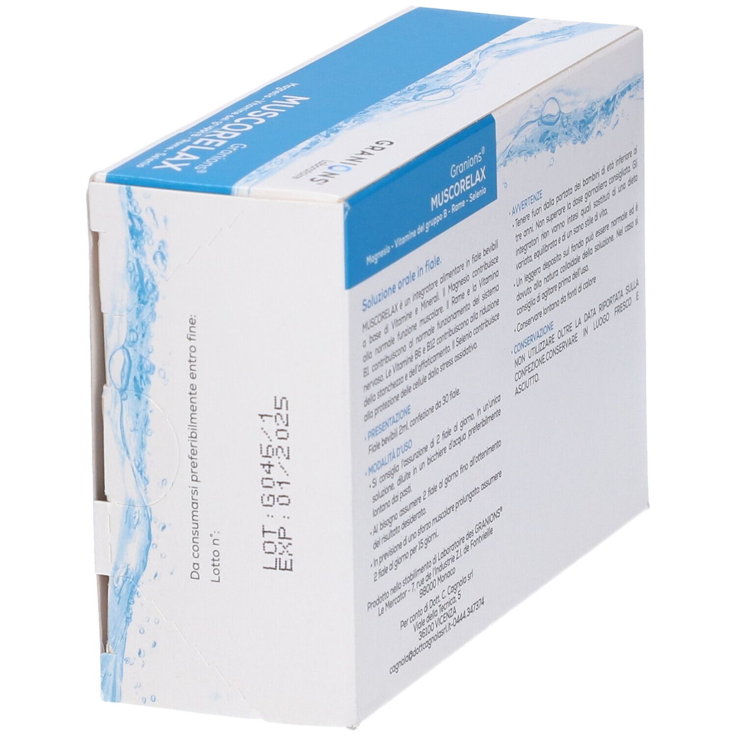 Vista laterale della confezione Muscorelax 30 Fiale Bevibili. Informazioni testuali, data di scadenza. Logo Granions Laboratoire. Bianco e blu.