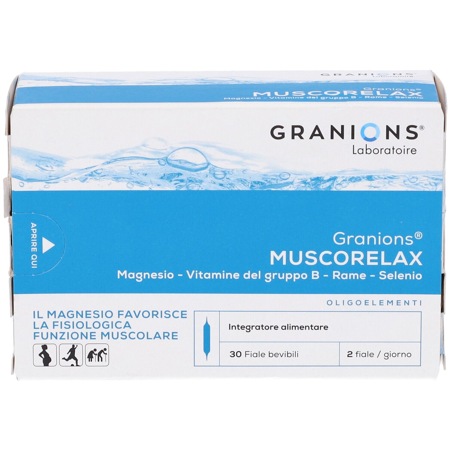 Scatola Muscorelax 30 Fiale Bevibili. Logo Granions Laboratoire. Confezione blu e bianca. Contiene 30 fiale bevibili. Magnesio, Vitamine B, Rame, Selenio.