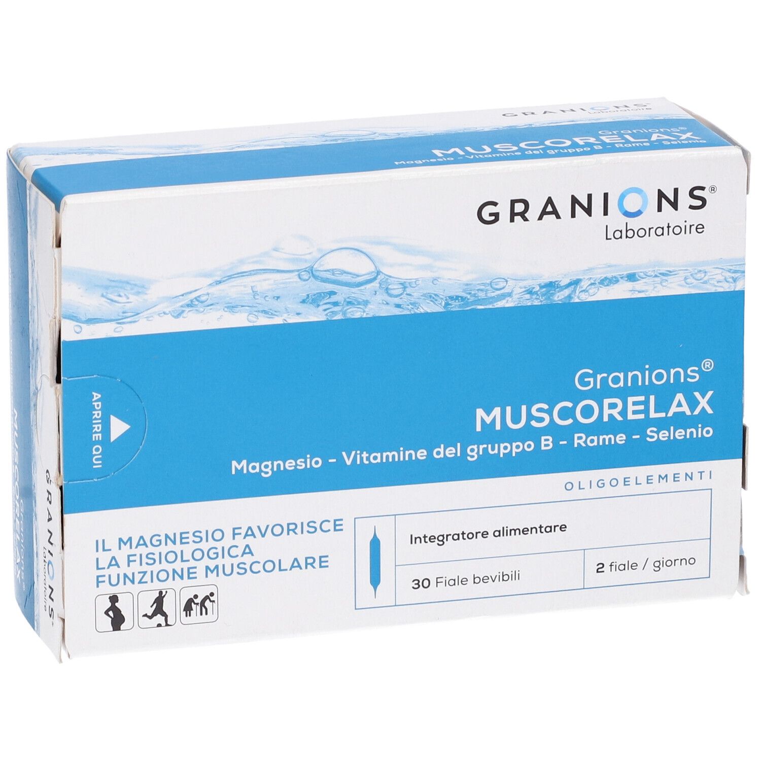 Scatola Muscorelax 30 Fiale Bevibili. Logo Granions Laboratoire. Confezione blu e bianca. Contiene 30 fiale bevibili. Magnesio, Vitamine B, Rame, Selenio.