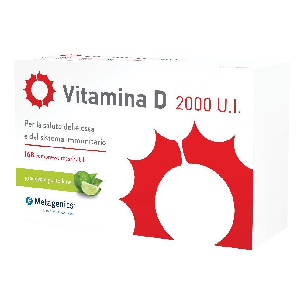 Confezione di Metagenics™ Vitamina D 2000 U.I. con 168 compresse masticabili. Scritta: « Per la salute delle ossa e del sistema immunitario ».