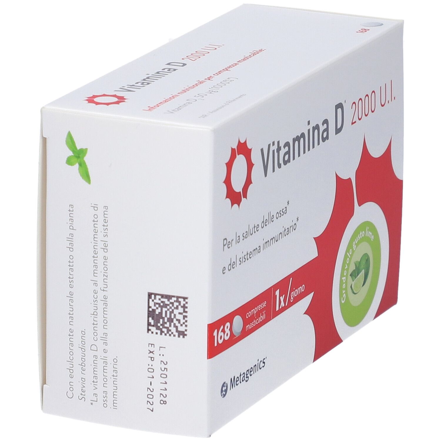 Confezione di Metagenics™ Vitamina D 2000 U.I. con 168 compresse masticabili. Scritta: « 1x/giorno ». Con ingredienti e data di scadenza.