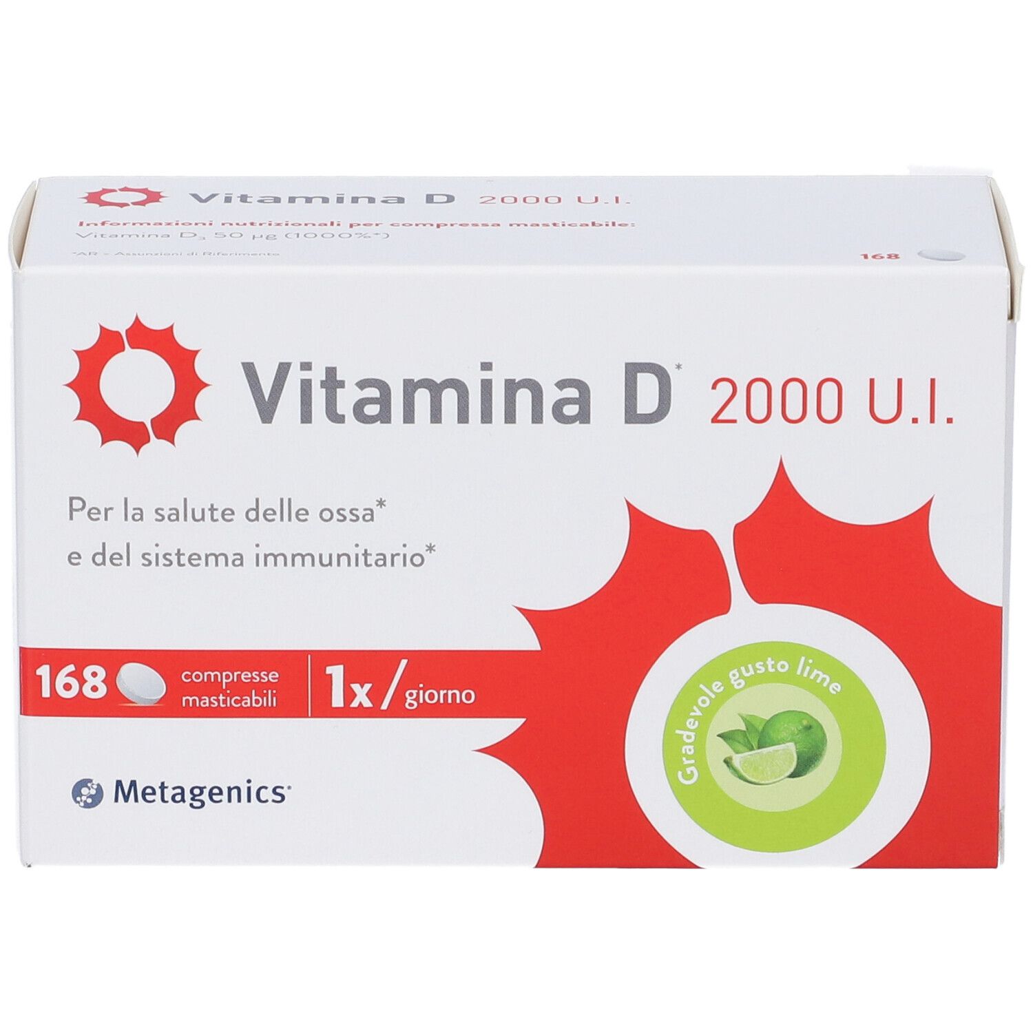 Confezione di Metagenics™ Vitamina D 2000 U.I. con 168 compresse masticabili. Scritta: « 1x/giorno ». Gusto: lime.