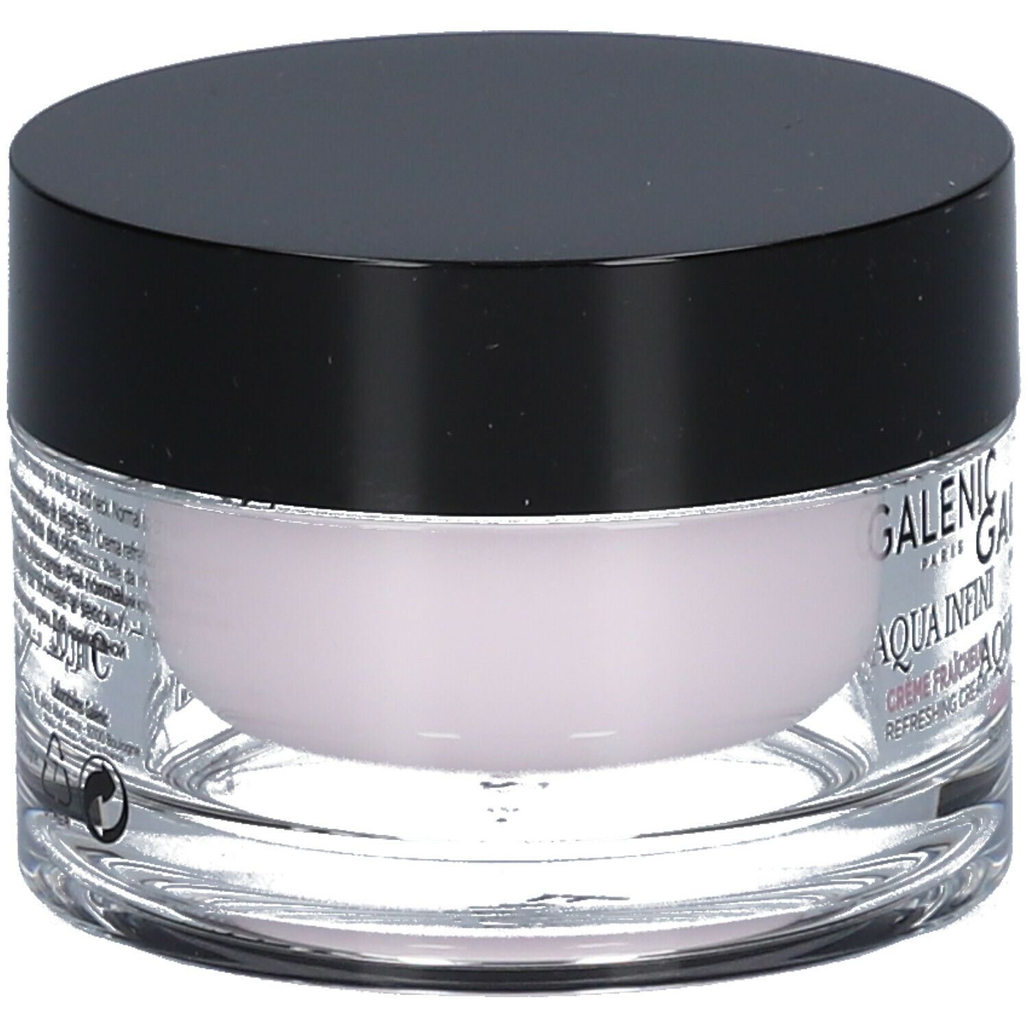 Galénic Aqua Infini Creme. Glasbehälter mit schwarzem Deckel. Rosa Creme sichtbar. Schriftzug: Galénic, Aqua Infini, Crème Fraîcheur.