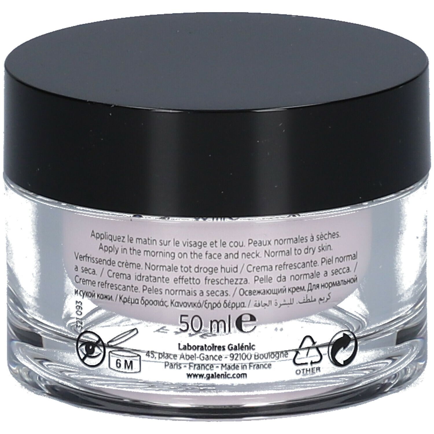 Galénic Aqua Infini Creme. Glasbehälter mit schwarzem Deckel. Rosa Creme sichtbar. Schriftzug: Galénic, Aqua Infini, Crème Fraîcheur.