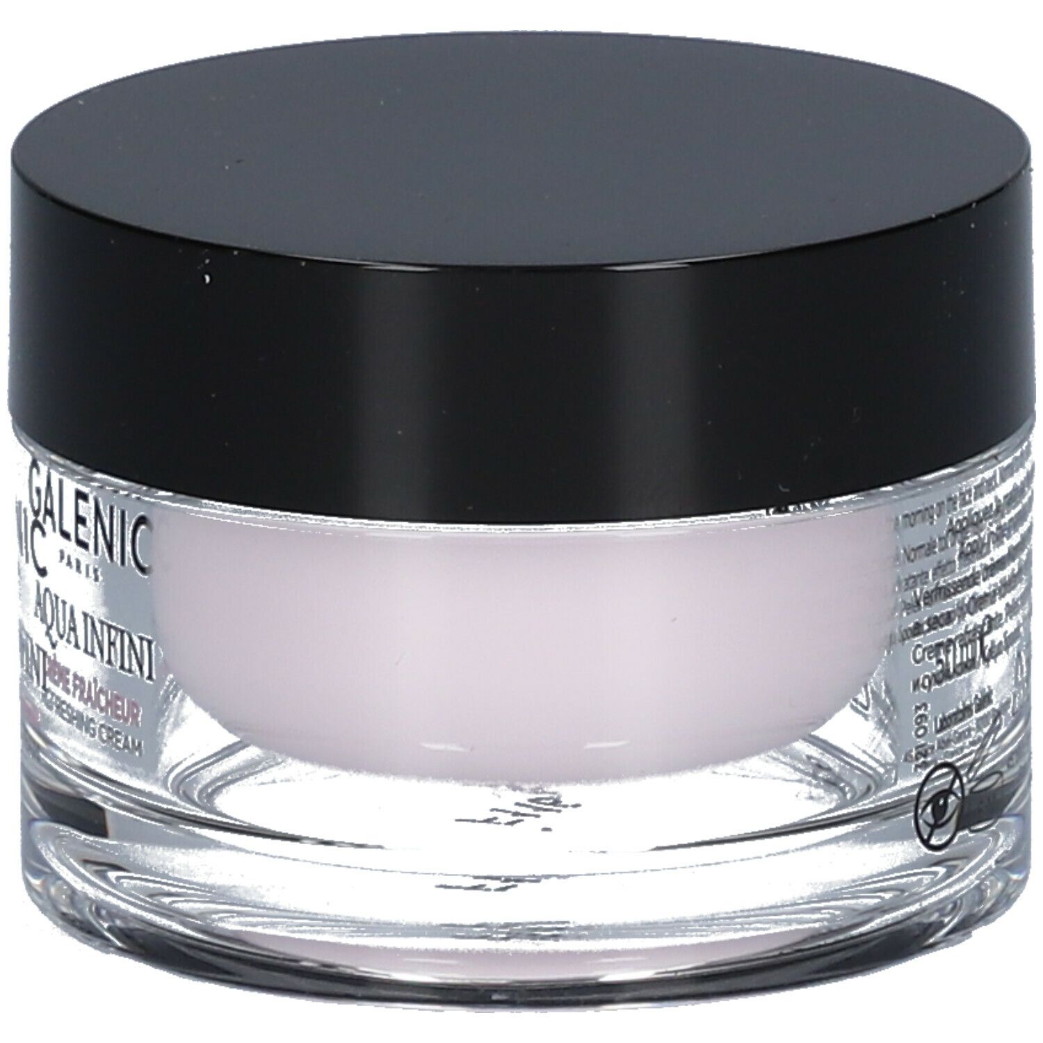 Galénic Aqua Infini Creme. Glasbehälter mit schwarzem Deckel. Rosa Creme sichtbar. Schriftzug: Galénic, Aqua Infini, Crème Fraîcheur.